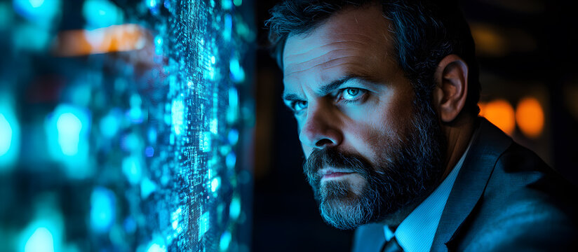 A man with a beard and glasses looking at a computer screen