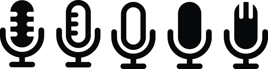  Group Audio mic. Set Microphone icon. Collection Studio table microphone. Podcast radio symbol. Flat and line icon vector
