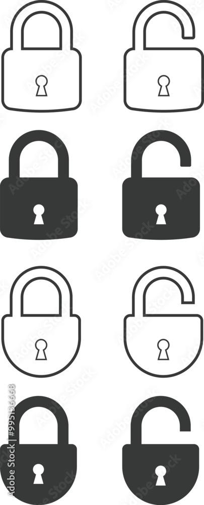 Aufkleber set of open and close padlock line and flat icon. collection of locked and unlocked lock on transpar