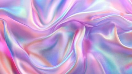 Flowing holographic silk fabric creates an iridescent abstract pattern with soft pastel hues blending seamlessly together for a dreamy effect