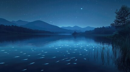 A calm lake at night, with glowing fish swimming just beneath the surface