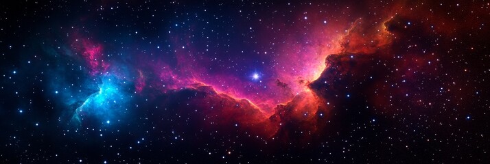 Naklejka premium A breathtaking cosmic landscape showcasing vibrant nebulae in shades of pink and blue, intermingled with countless stars, illustrating the awe-inspiring vastness and beauty of the universe.