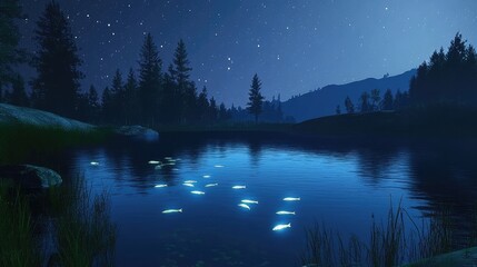 A calm lake at night, with glowing fish swimming just beneath the surface