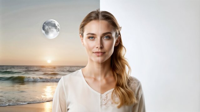 Woman's face split between day and night ocean scenery, duality concept, contrasted background