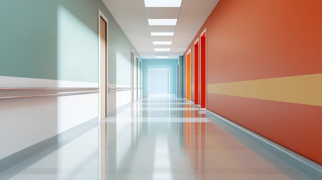 A bright and cheerful hospital corridor with colorful walls, shiny floors, and a sense of hope and optimism.  The design features a calming blue wall, a vibrant orange wall, a warm yellow accent, and 