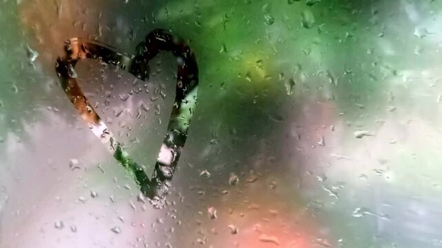 Heart shape on foggy window with raindrops, blurred background