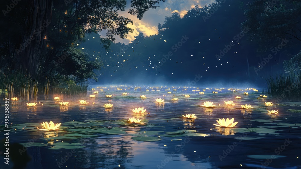 Poster a calm lake with glowing lilies floating on the surface, surrounded by towering trees