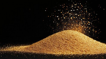 A shimmering mound of golden particles against a dark backdrop, suggesting themes of wealth, beauty, and transformation.