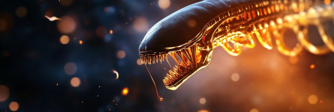 A close-up of a detailed and realistic Xenomorph, a terrifying alien creature, set against a backdrop of glowing embers. Its sharp teeth and elongated jaw are menacing, suggesting a sense of danger an