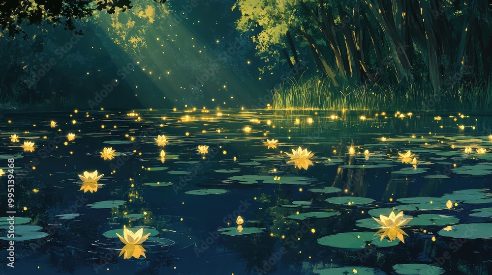 Poster a calm lake with glowing lilies floating on the surface, surrounded by towering trees