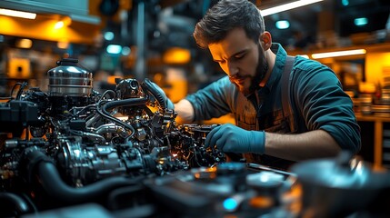 Close-up of a mechanic adjusting a hybrid car engine with advanced diagnostic tools, the engine components gleaming under bright workshop lighting.