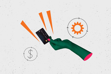 Composite artwork collage image picture of arm hold debit card isolated on creative background