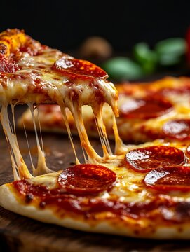 A close-up shot of a pepperoni pizza with gooey cheese. The cheese is stretching out and dripping down the side of the pizza, showing how delicious and fresh it is.