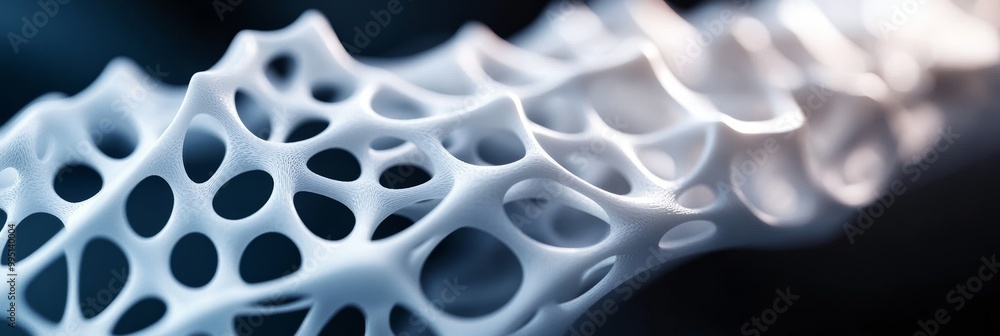 Poster a close-up view of a 3d printed biocompatible structure, showcasing its intricate network of interco