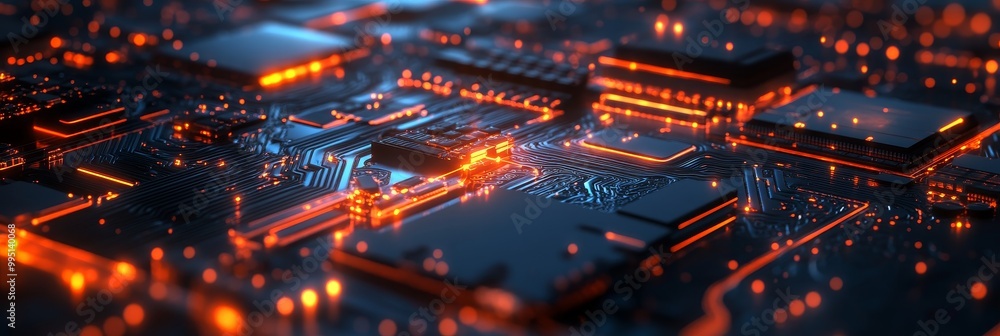 Poster a close-up view of a circuit board with glowing orange lines, symbolizing the flow of information an