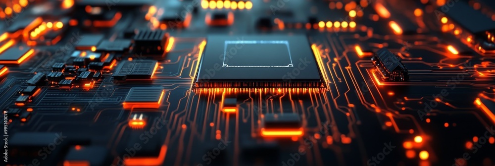 Poster a close-up view of a circuit board with a glowing processor, symbolizing technology, innovation, com