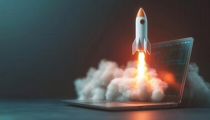 A rocket launching from a laptop screen, symbolizing rapid technological advancement and startup growth on a dark background.