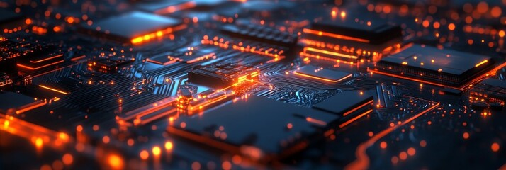 A close-up view of a circuit board with glowing orange lines, symbolizing the flow of information and the power of technology. It represents innovation, connectivity, and the future of electronics.