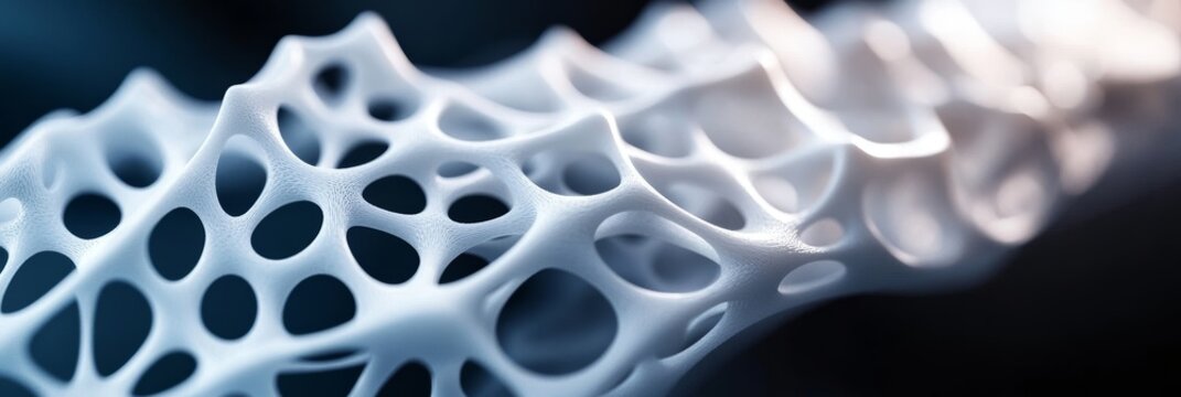 A close-up view of a 3D printed biocompatible structure, showcasing its intricate network of interconnected pores. This innovative material has potential applications in medical implants, tissue engin
