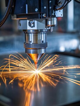 A close-up shot of a laser cutting machine precisely working on a metal sheet, sparks flying from the cutting point, showcasing advanced technology and manufacturing processes.