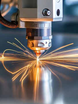 A close-up shot of a laser cutting machine precisely working on a metal sheet, with sparks flying and a bright light emanating from the cutting point. This image represents technology, precision, inno