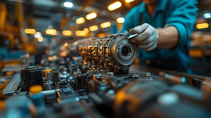 Close-up of a mechanic inspecting a car engine part on a workbench, with tools and components scattered around. Bright workshop lights illuminate the metallic surfaces,