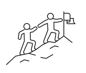 People holding hands climbing up the mountain to the flag, linear icon. Editable stroke