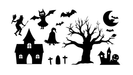 Collection of Halloween silhouettes. Haunted house, creepy tree, flying witch, pumpkins, halloween ghost, owl, coffin lid etc
