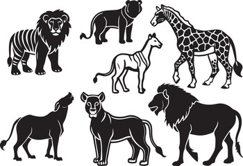 A collection of wild animal silhouettes, including a lion, elephant, giraffe, and tiger in dynamic pose 