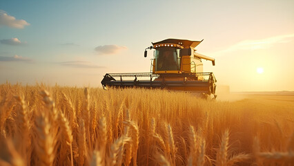 Fototapeta premium A combine harvester in a golden wheat field during harvest season symbolizing efficient crop production