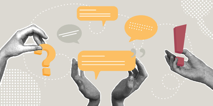 Trendy halftone business concept collage. Vector illustration of right considered decision, writing, discussion, teamwork, contacts. Creative concepts for web banner, social media, business