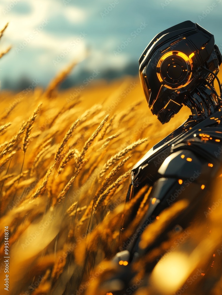Poster a futuristic robot stands in a field of golden wheat, representing the intersection of technology an
