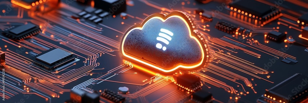Aufkleber a glowing cloud icon sits on a circuit board, representing the concept of artificial intelligence, c