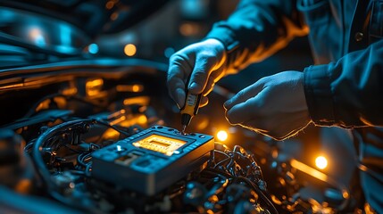 Naklejka premium Close-up of a mechanic’s hands holding a multimeter, testing the voltage of a car battery under the hood. Bright LED lights illuminate the engine bay,