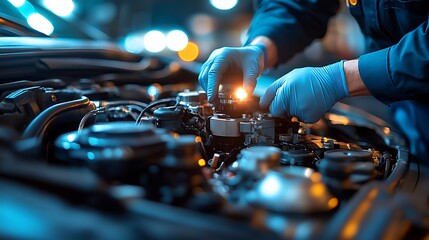 Close-up of a mechanic’s hands inspecting a car’s engine during a safety compliance check, with detailed engine components visible. Bright LED lights cast sharp reflections on the metallic surfaces,