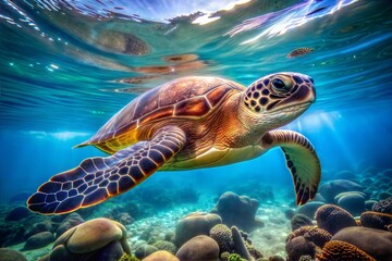 Obraz premium Sea turtle swimming underwater with coral reef backdrop