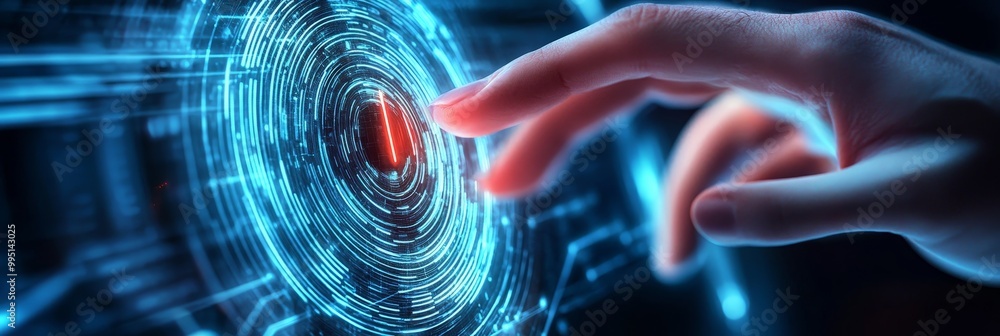 Poster a hand reaches towards a biometric scanner, the glow of the scanner reveals a malicious intent. the 