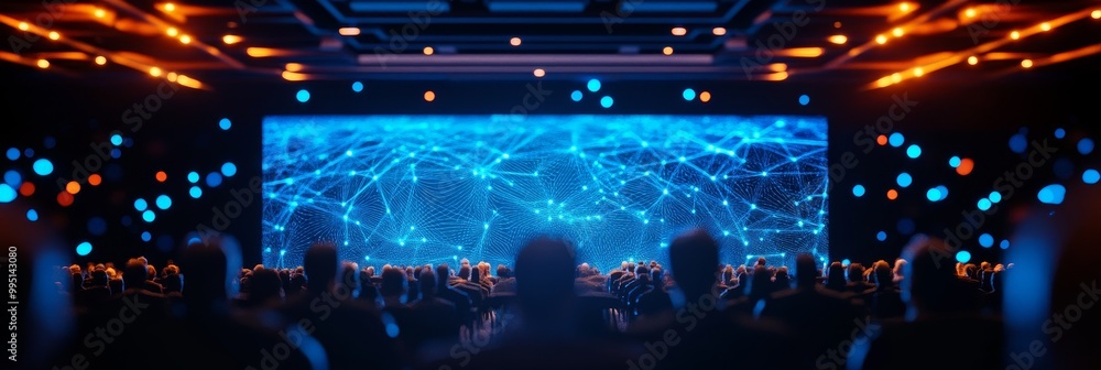 Poster a large audience gathers in a conference setting to watch a presentation on a large screen featuring