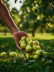A hand gently holds a pile of fresh green pears, showcasing the abundance of nature's bounty. The pears represent health, growth, and the simple joys of harvest.