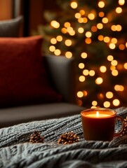 A lit candle on a cozy knit blanket with pine cones, adding warmth and ambiance to a Christmas setting. The background is a blurred image of a Christmas tree with lights, creating a festive atmosphere