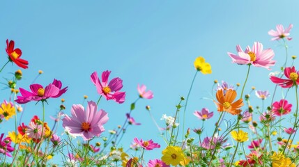 Spring Bloom Colorful Cosmos Flowers Under a Clear Sky
