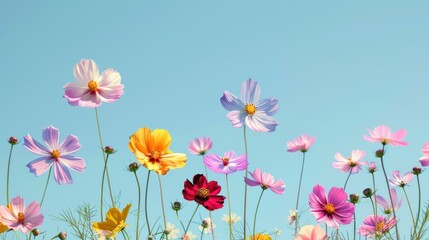 Spring Bloom Colorful Cosmos Flowers Under a Clear Sky