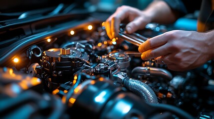 Close-up of a mechanic’s hands using specialized timing tools to adjust the engine of a car. Bright LED lights illuminate the engine bay, highlighting the metallic components and creating a sharp,