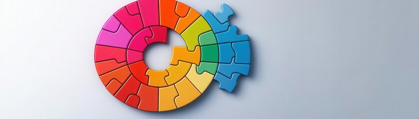 Circular puzzle solving illustration in flat design, front view, strategy theme, 3D render, triadic color scheme