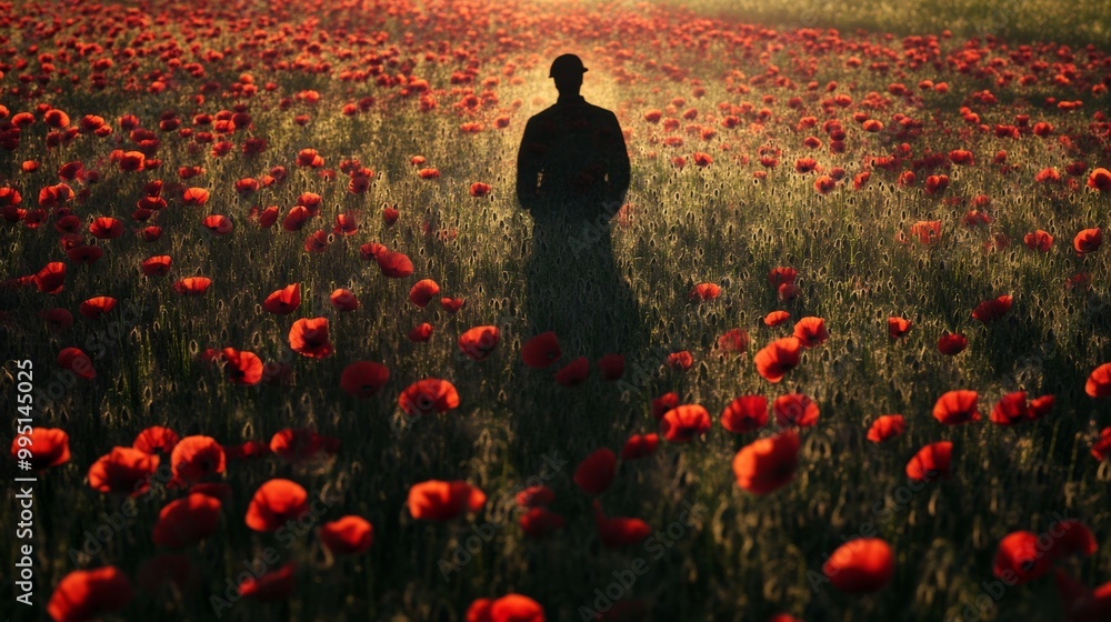 Poster A soldier shadow merging with a field of red poppies