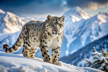Obraz premium Snow leopard on mountain slope with snowy peaks