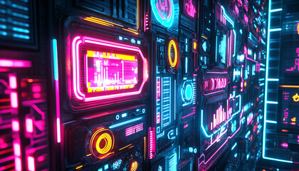 Obraz premium Bright, glowing neon signs in various shapes and colors, with a futuristic, cyberpunk-style backdrop