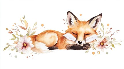 Fototapeta premium Sleepy fox surrounded by delicate flowers and greenery