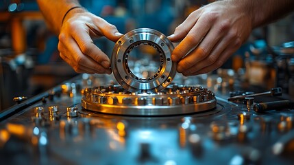 Naklejka premium Detailed view of a mechanic’s hands inspecting an engine part on a metal workbench, surrounded by tools and bolts. The workshop is brightly illuminated,