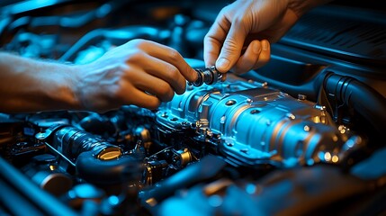 Hands of a mechanic tightening a bolt with precision under the hood of a car, with the engine bay bathed in soft blue light, creating realistic shadows on the shiny metal parts of the engine.